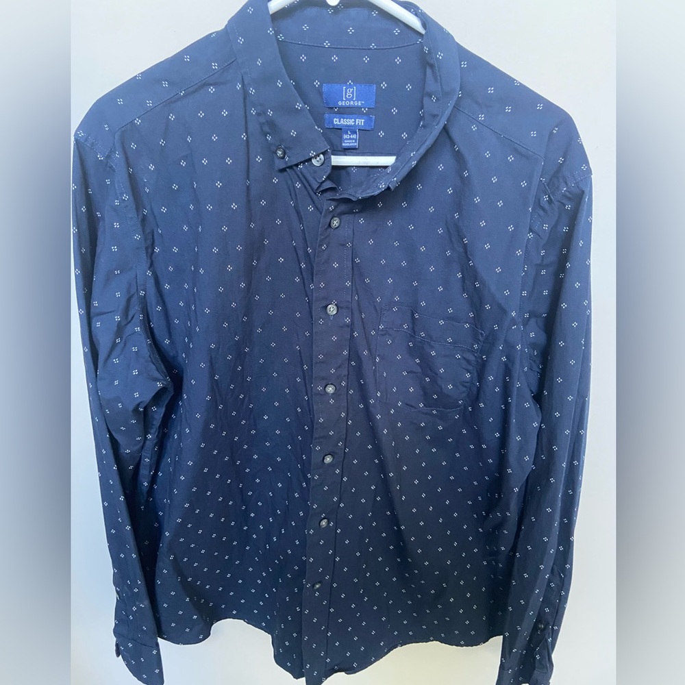 George Blue Casual Button Down Shirt with Polka Dot Pattern size large